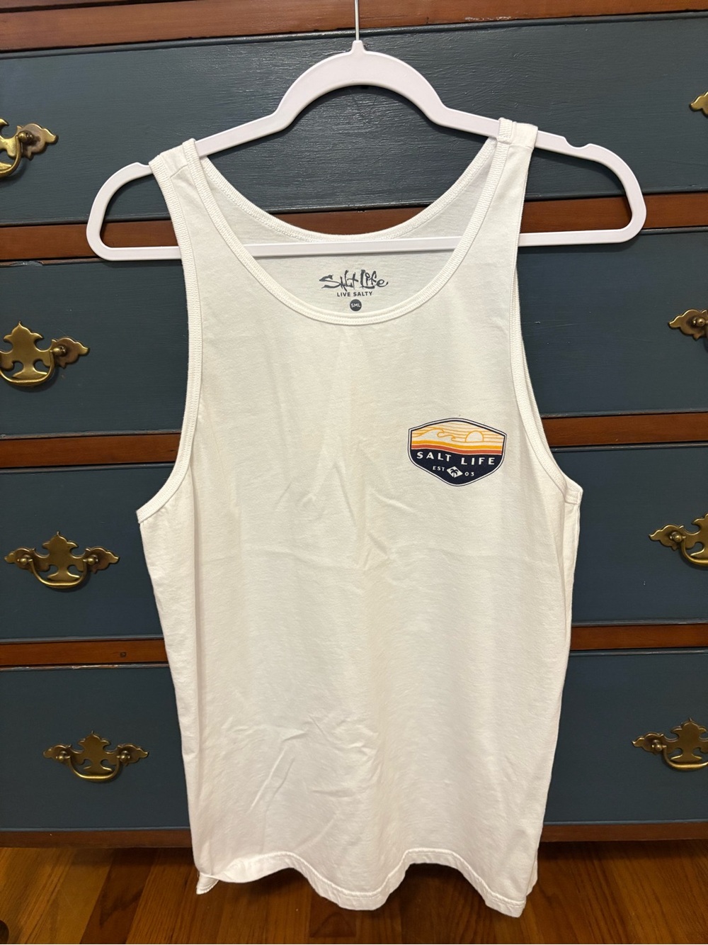 Women’s Salt Life White Tank Top with Sunset Patch